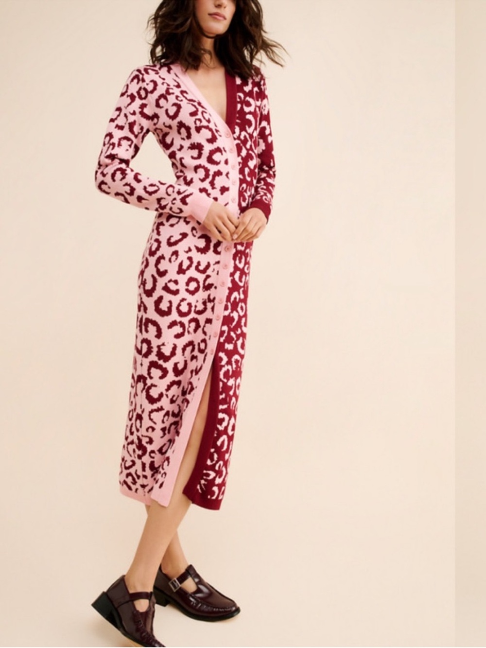 FARM Rio Pink & Burgundy Leopard-Print Long knit dress size xs EUC